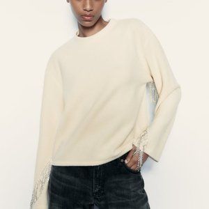NWT ZARA RHINESTONE SOFT SWEATSHIRT ECRU